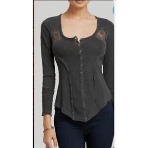 Free People women medium gray lace henley boho long sleeve top shirt retro
